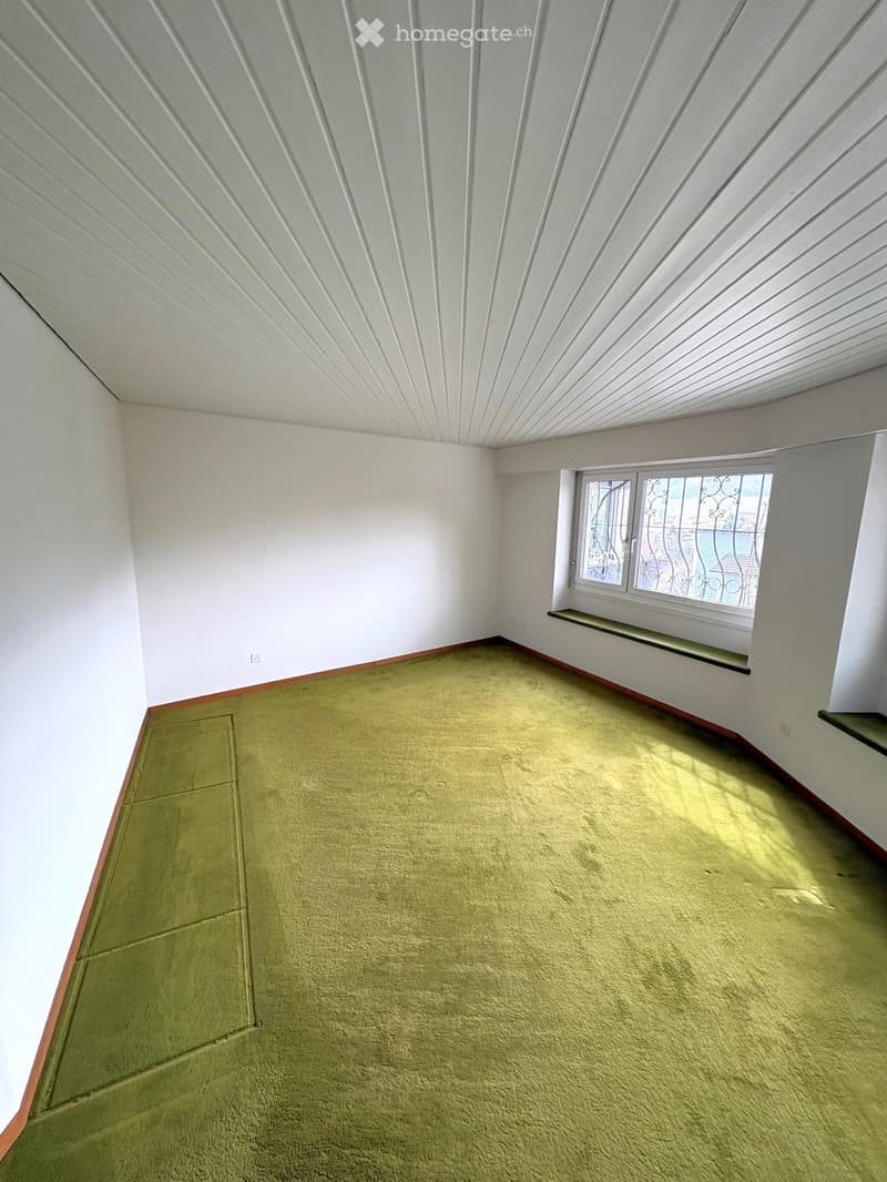 Empty room with light green carpet, white walls, and a window with decorative bars. The ceiling has a textured, ribbed design.