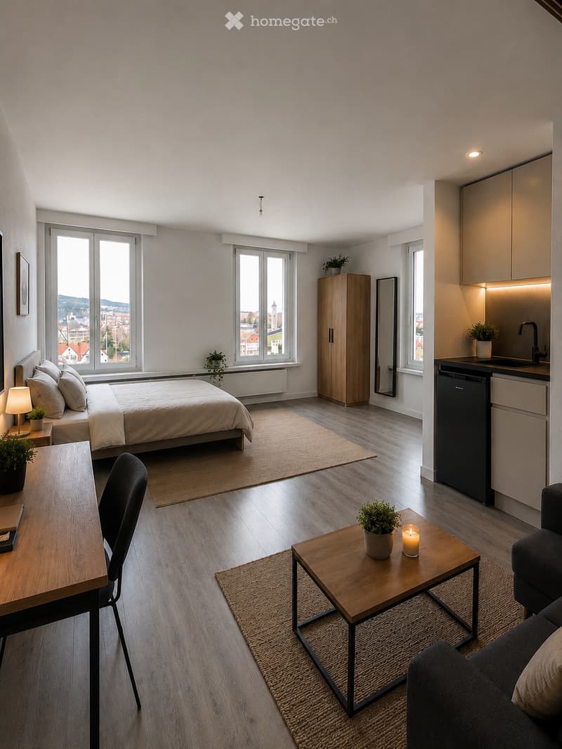 A modern, well-lit room with a bed, sofa, coffee table, chair, and a small kitchen area. The room features large windows with a cityscape view, wooden flooring, and several potted plants.