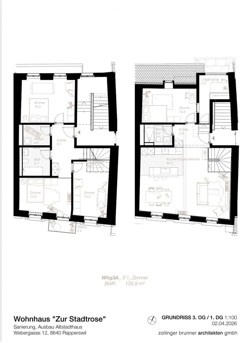 Floor plan of a 3rd floor/1st floor apartment with multiple rooms including bedrooms, kitchen, living area, bathroom, entrance, and balcony.