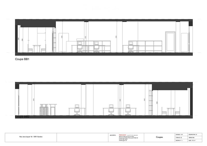 Floor plan showing two office spaces with desks, chairs, and computer setups. Includes dimensions and architectural details.