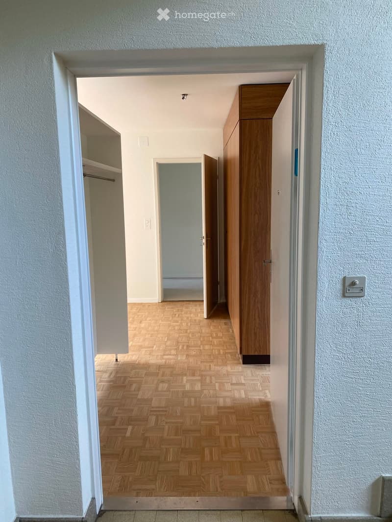 Empty hallway with wooden herringbone flooring, white walls, and built-in wooden closet on the right side.