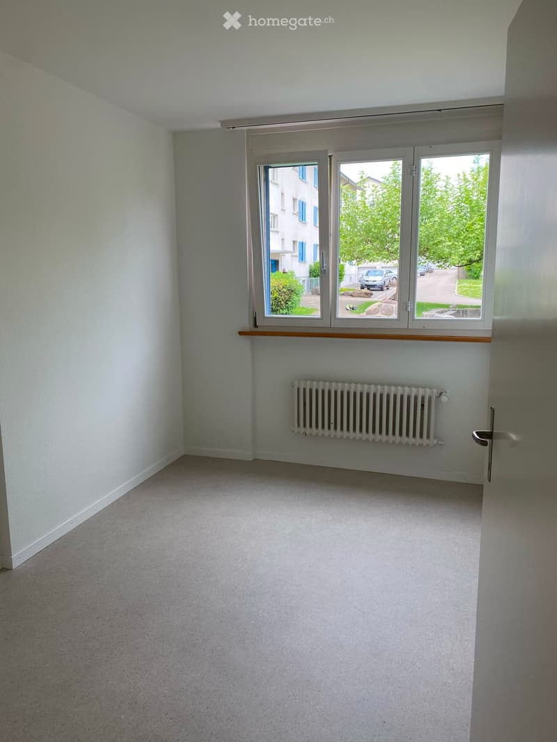 Empty room with light-colored walls, carpeted floor, large window with a radiator below, and a door on the right side.