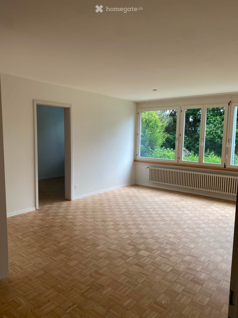Empty room with wooden herringbone flooring, white walls, large windows with a view of greenery, and a radiator below the windows.
