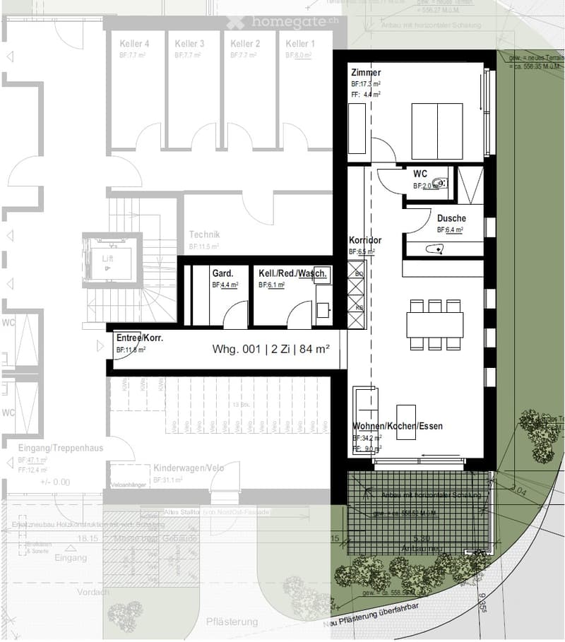 Entrance hall, living room, kitchen, dining room, 3 bedrooms, 2 bathrooms, balcony, storage rooms, technical room, garden