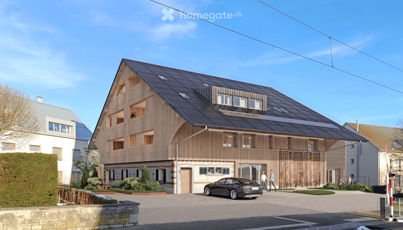 Modern house with solar panels, garage, wooden exterior, brick base, large windows, driveway