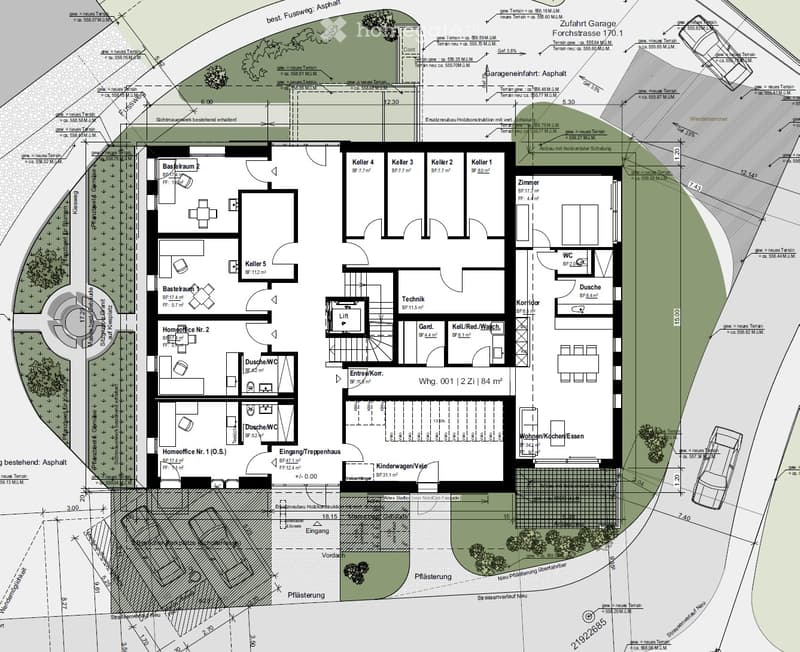Living room, kitchen, 4 bedrooms, 2 bathrooms, balcony, garage, entrance hall, cellar, technical room, corridor, wardrobe, washroom, entrance hall/corridor, washroom/kitchen/dining room, entrance hall/staircase