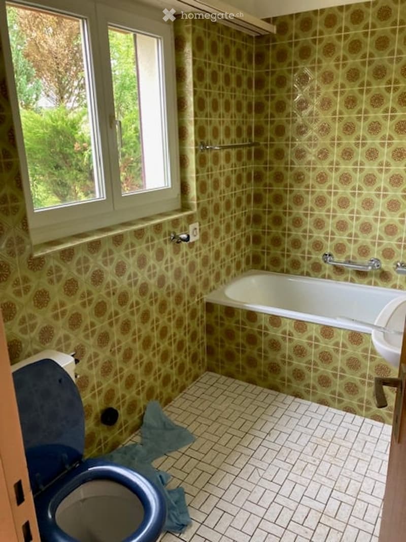 Bathroom with vintage green and brown patterned tiles, a white bathtub, a toilet, and a sink. The window offers a view of greenery outside.