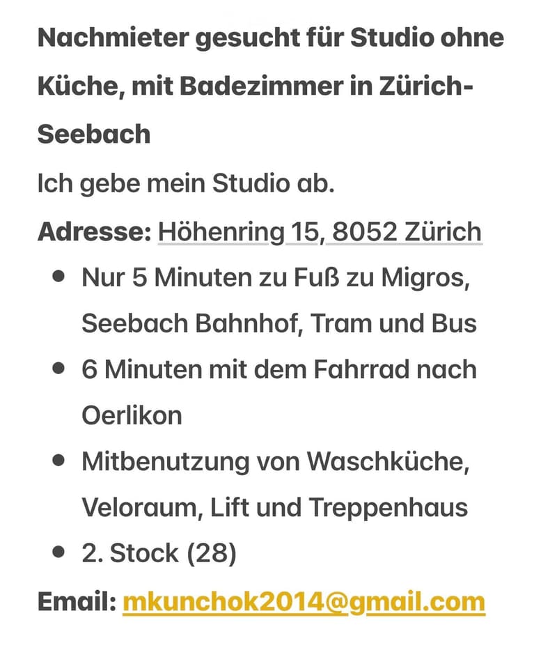 Empty studio apartment listing for rent in Zurich-Seebach, located on the 2nd floor, with access to shared facilities like laundry, bike room, elevator, and stairwell.