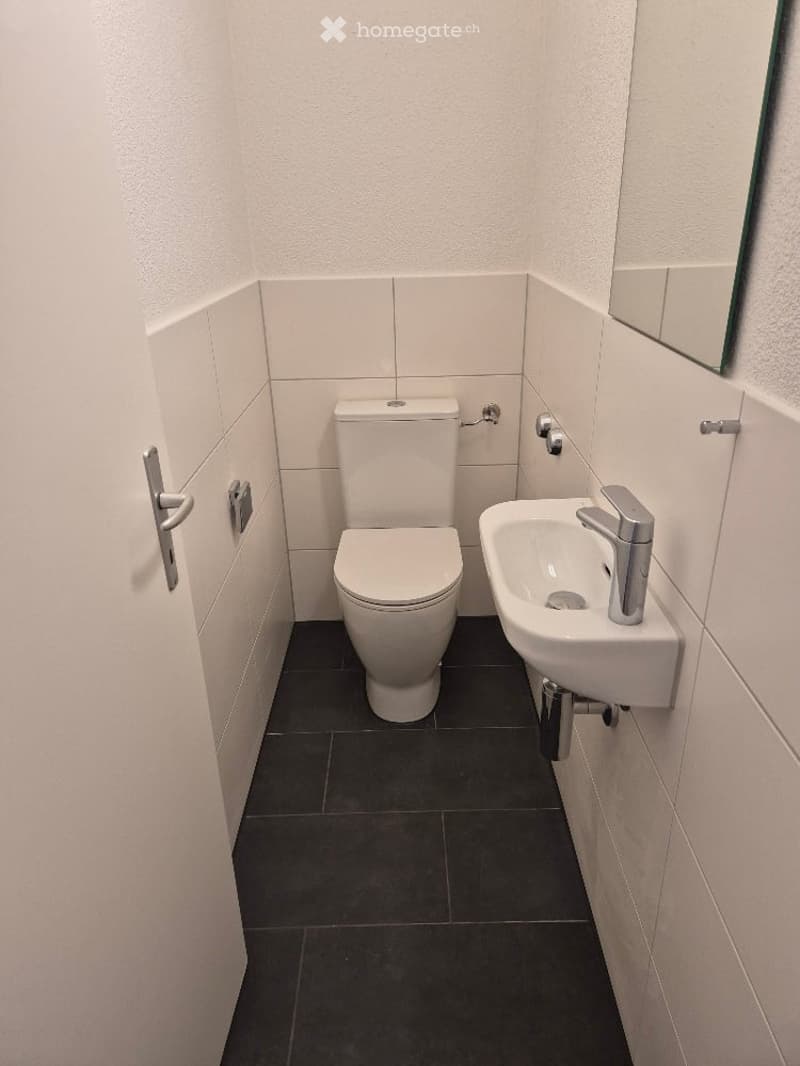 Modern bathroom with white tiles, a toilet, a sink with a chrome faucet, and a mirror on the wall.