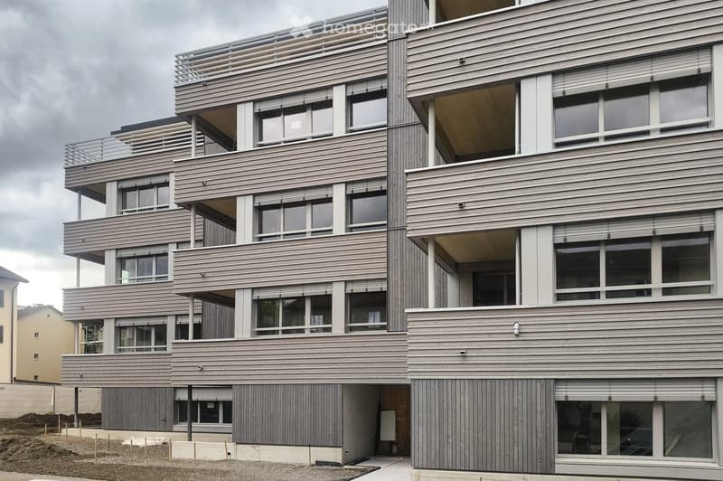 Modern multi-story building with grey wooden facade, large windows, and balconies.