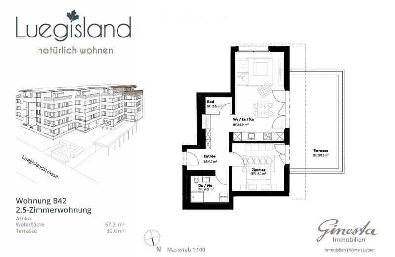 Floor plan of a 2.5-room apartment with living/dining/bedroom area, entrance, bathroom, bedroom, and terrace.