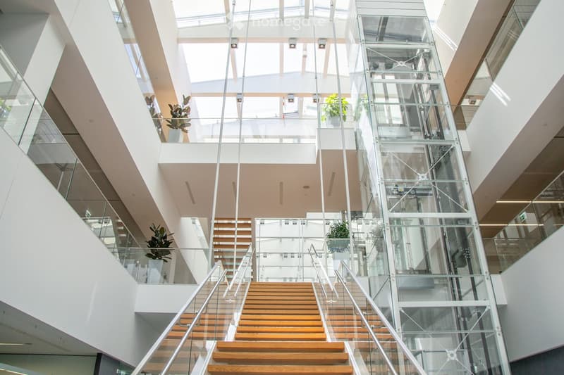 Modern interior corridor with glass elevator, wooden staircase, and potted plants on the landing.