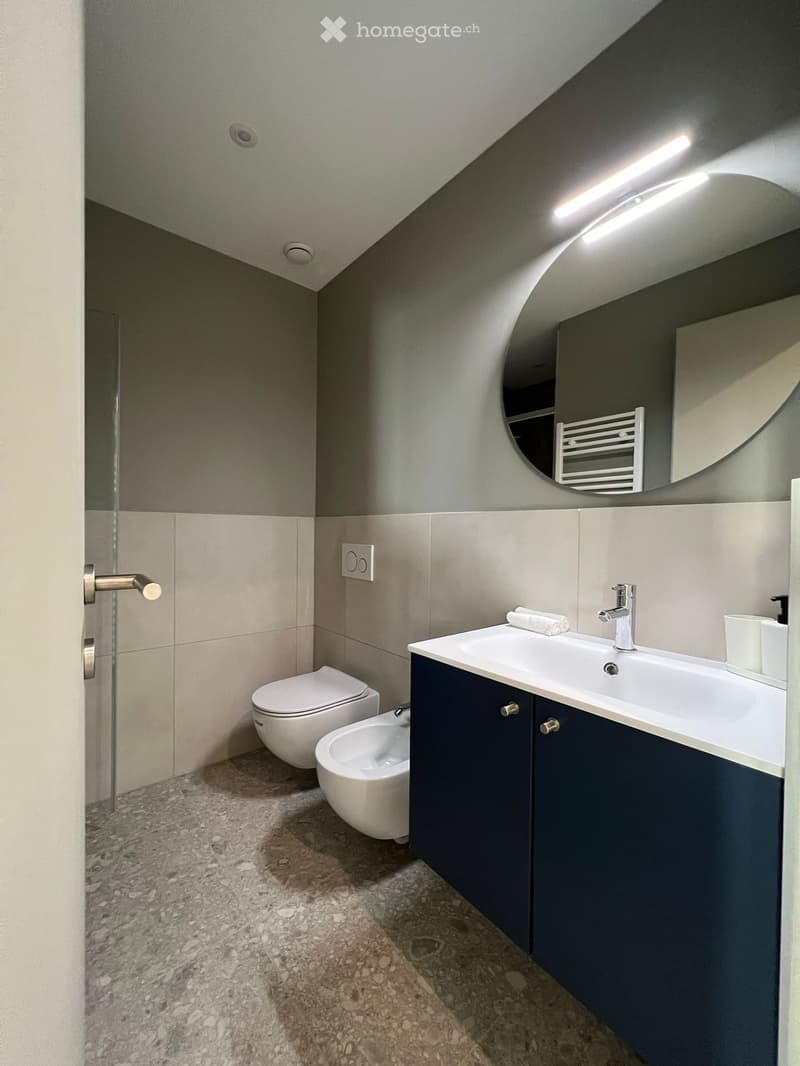 Modern bathroom with a white sink, chrome faucet, dark blue cabinet, toilet, bidet, and a large round mirror with built-in shelves.