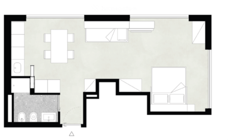 Floor plan of a 2-bedroom apartment with a living room, dining area, kitchen, and two bathrooms.