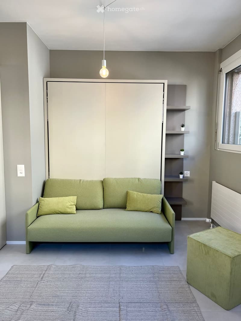 Modern living room with a green sofa, matching stool, gray rug, built-in shelves with small potted plants, and a hanging light fixture.