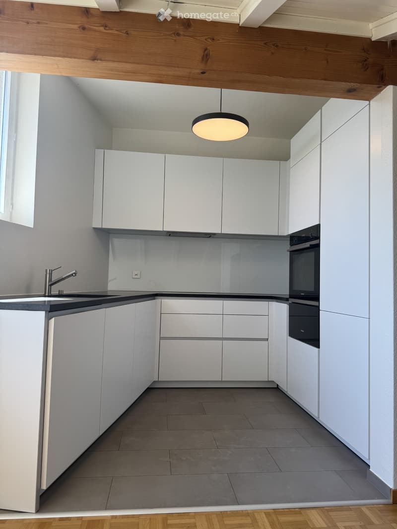 Modern, minimalist kitchen with white cabinets, a stainless steel sink, and a built-in oven. The space features a sleek, contemporary design with a pendant light fixture hanging from the ceiling.