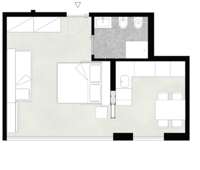Floor plan of a 3-bedroom apartment with a living room, dining area, kitchen, and two bathrooms.
