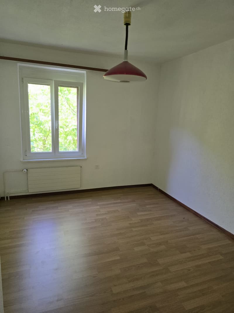 Empty room with wooden flooring, light-colored walls, a window with white frame, a radiator, and a single hanging light fixture.