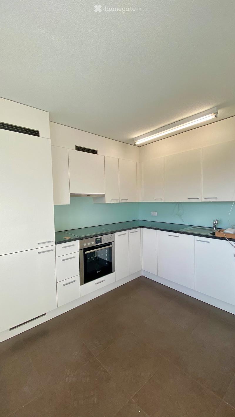 modern kitchen, white cabinets, granite countertop, stainless steel oven, extractor hood, bright ceiling light