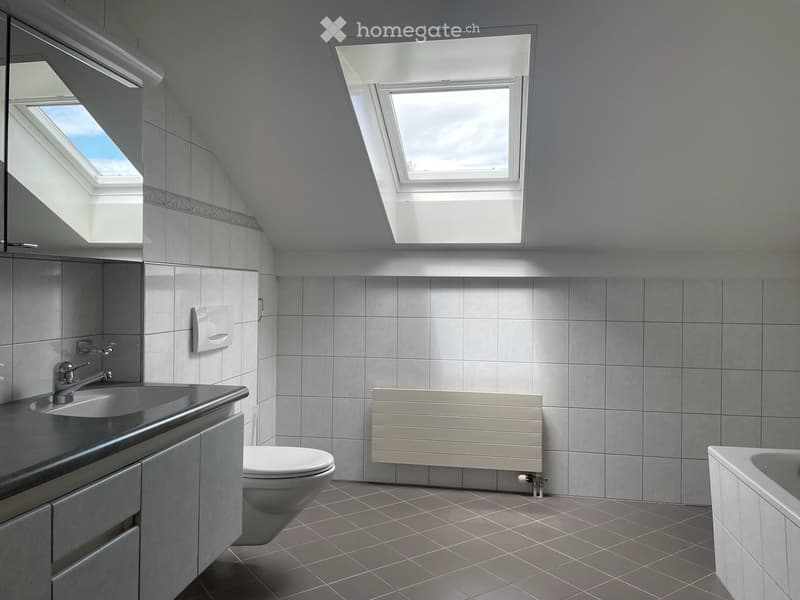 Modern bathroom with grey tiles, a sink, toilet, bathtub, radiator, and skylight windows.