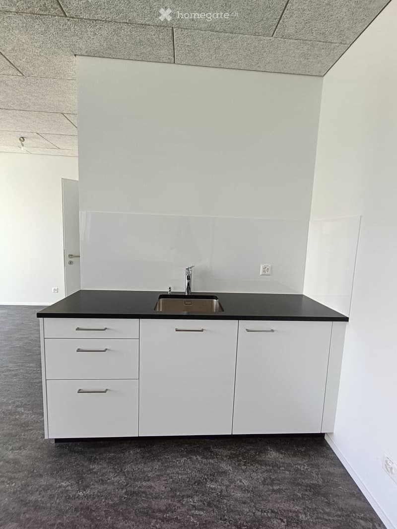 Empty kitchen area with white cabinets, black countertop, and a stainless steel sink. The floor is dark grey concrete, and the walls are white.