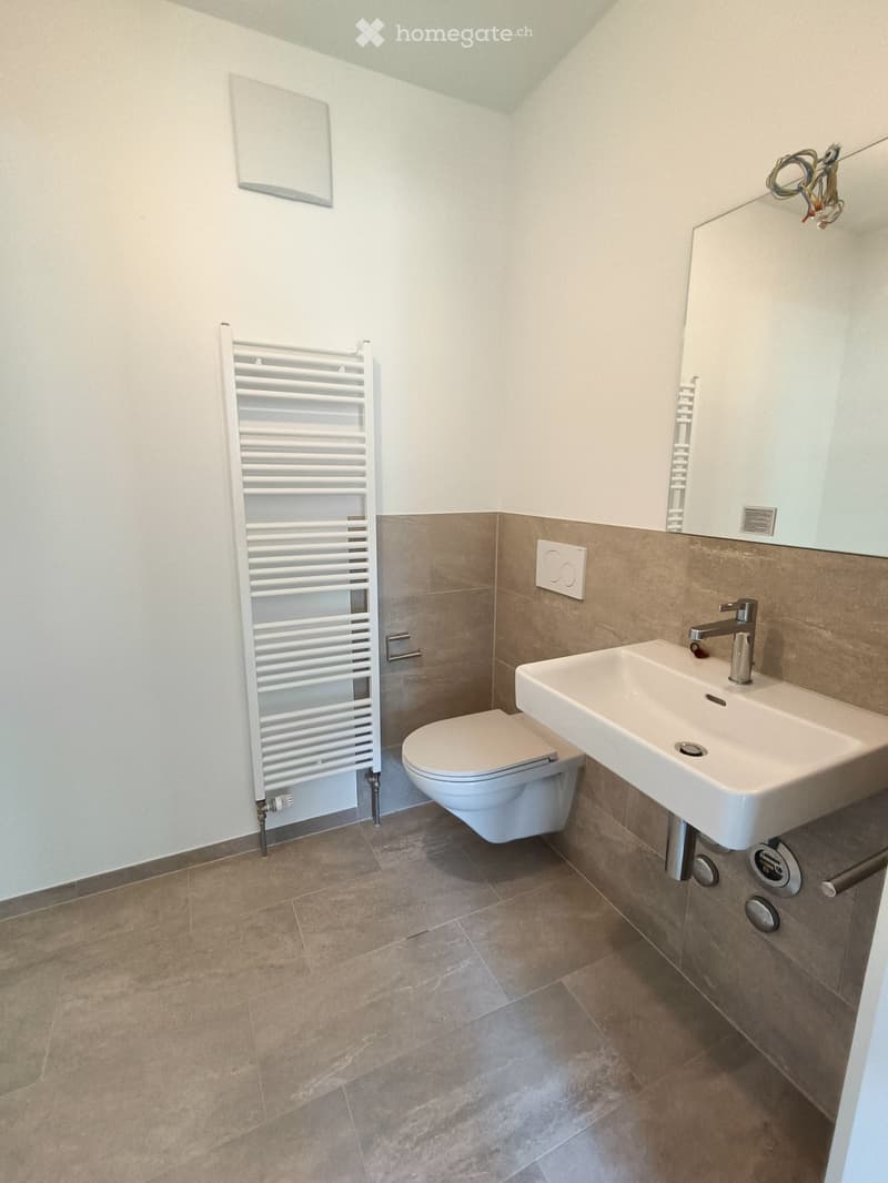 Modern bathroom with a toilet, sink, and radiator. Light-colored tiles and a sleek design.