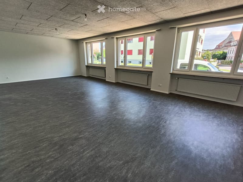 Empty room with dark grey carpeted floor, white walls, large windows, radiators, and exposed ceiling beams.