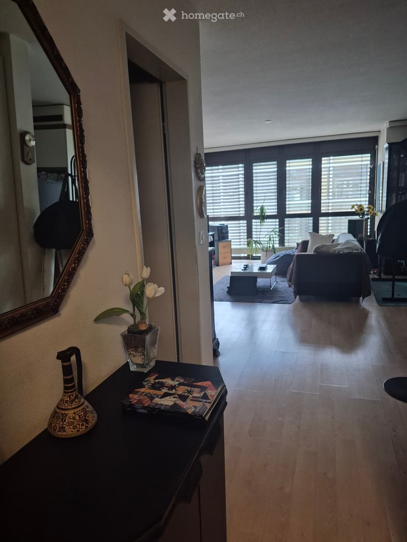 Hallway with wooden flooring, a small table with a vase and books, and a mirror on the wall. The hallway leads to a living room area with a sofa, coffee table, and large windows.