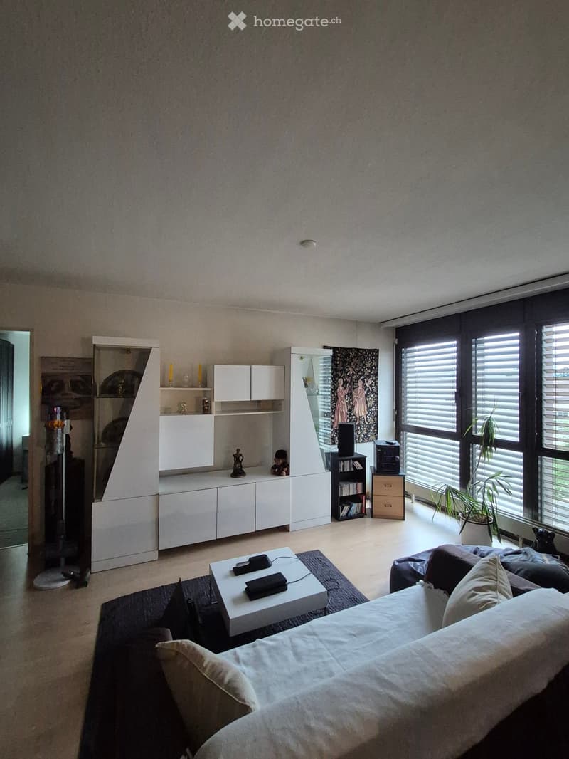Modern living room with large windows, white cabinetry, a sofa, coffee table, bookshelf, and decorative items.