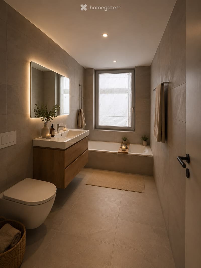 Modern bathroom with beige tiles, a floating vanity with a sink, a bathtub, a toilet, a large mirror with built-in lighting, and decorative plants and candles.
