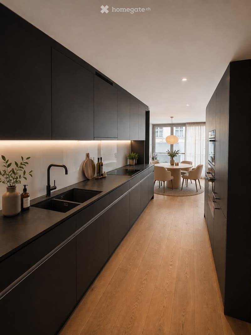 Modern kitchen with dark cabinets, a central island, and a dining area with a round table and chairs. Features include a sink with a modern faucet, decorative vases, potted plants, and a cutting board on the counter.