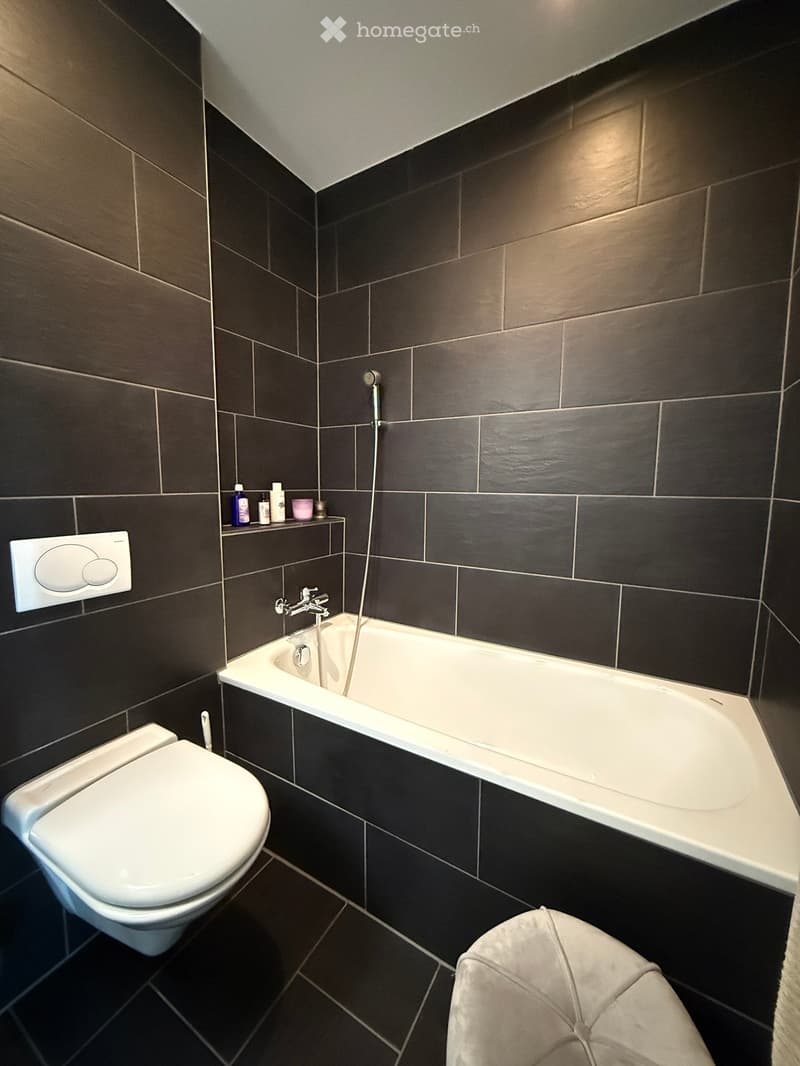 Modern bathroom with dark tiled walls and floor, featuring a bathtub, toilet, and a small shelf with toiletries.