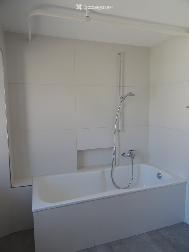 Modern bathroom with a white bathtub, a handheld showerhead, and a sleek faucet. The walls are tiled in light gray, and the floor is covered with dark gray tiles.