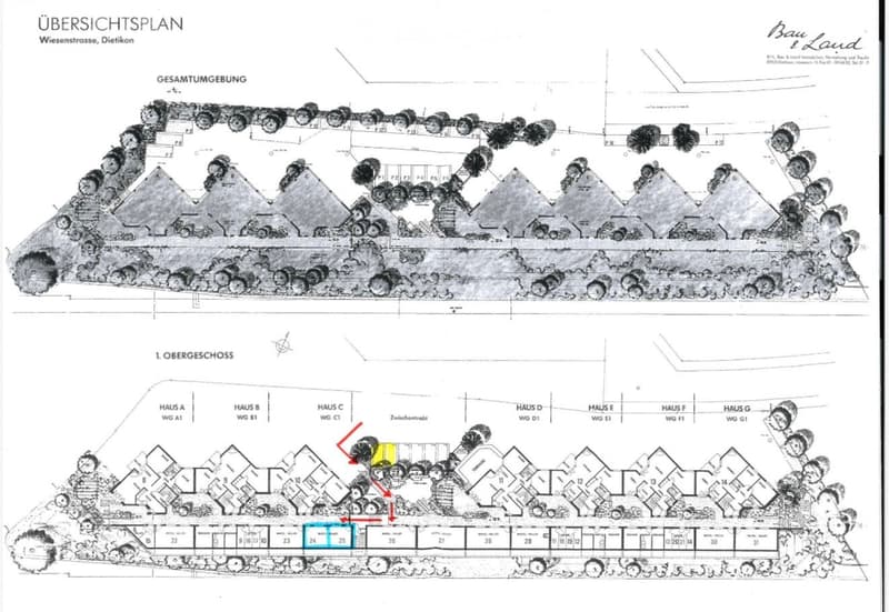 Floor plan of a residential complex with multiple houses labeled A through G, each with individual units (WG). Includes a central courtyard and surrounding greenery.