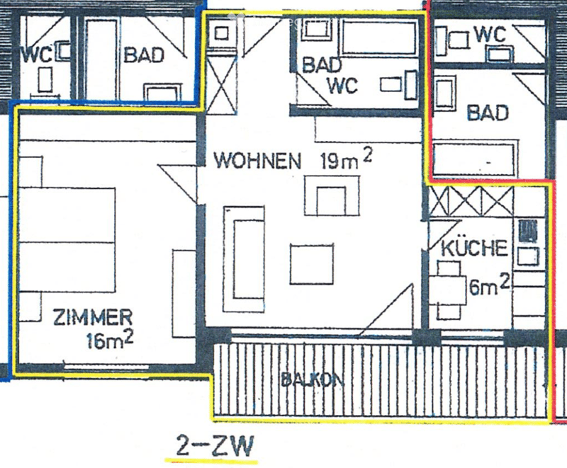 Floor plan of a 2-room apartment with a living area (19m²), bedroom (16m²), kitchen (6m²), three bathrooms, and a balcony.