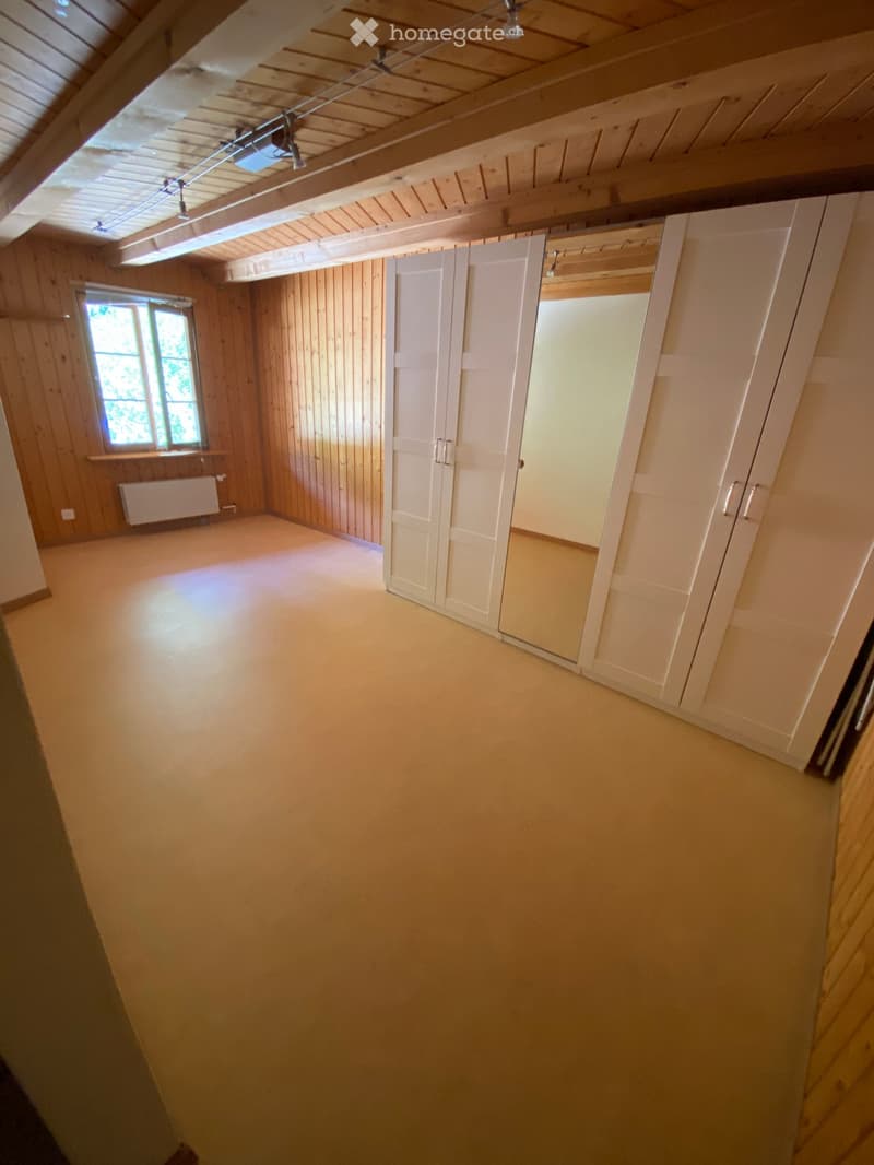 Empty attic room with wooden walls, white sliding doors, and a window letting in natural light.