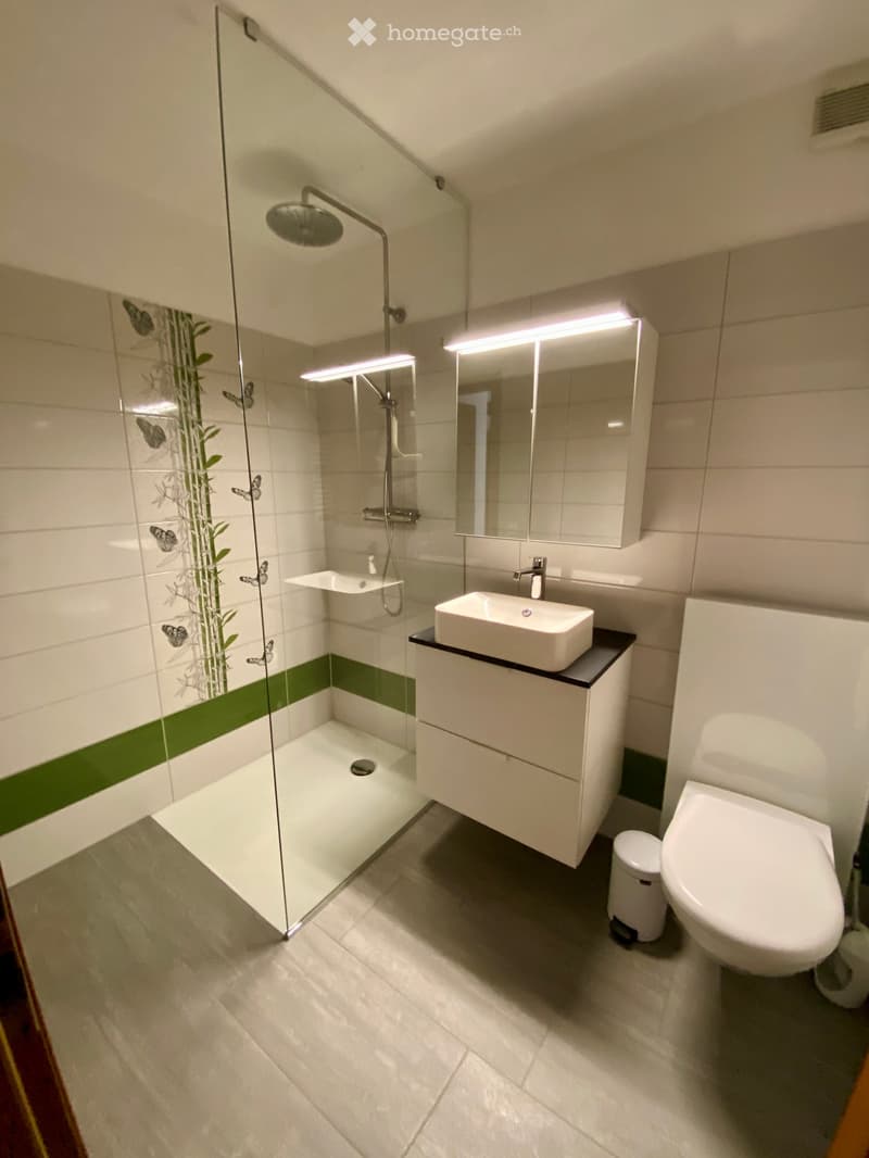 Modern bathroom with white tiles, a glass-enclosed shower, a sink with a modern cabinet, a toilet, and a mirrored cabinet with built-in lighting.