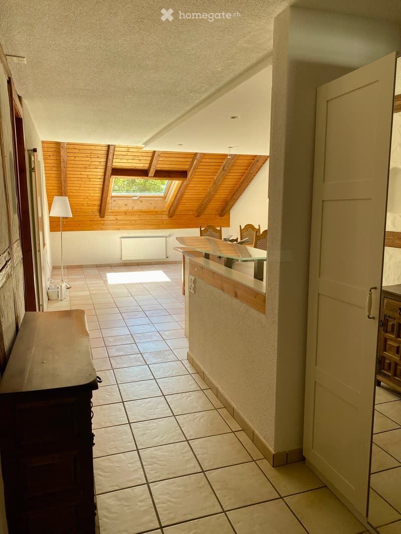 Bright hallway with tiled flooring, wooden ceiling beams, and skylight windows. Features a small table, chairs, and a floor lamp.