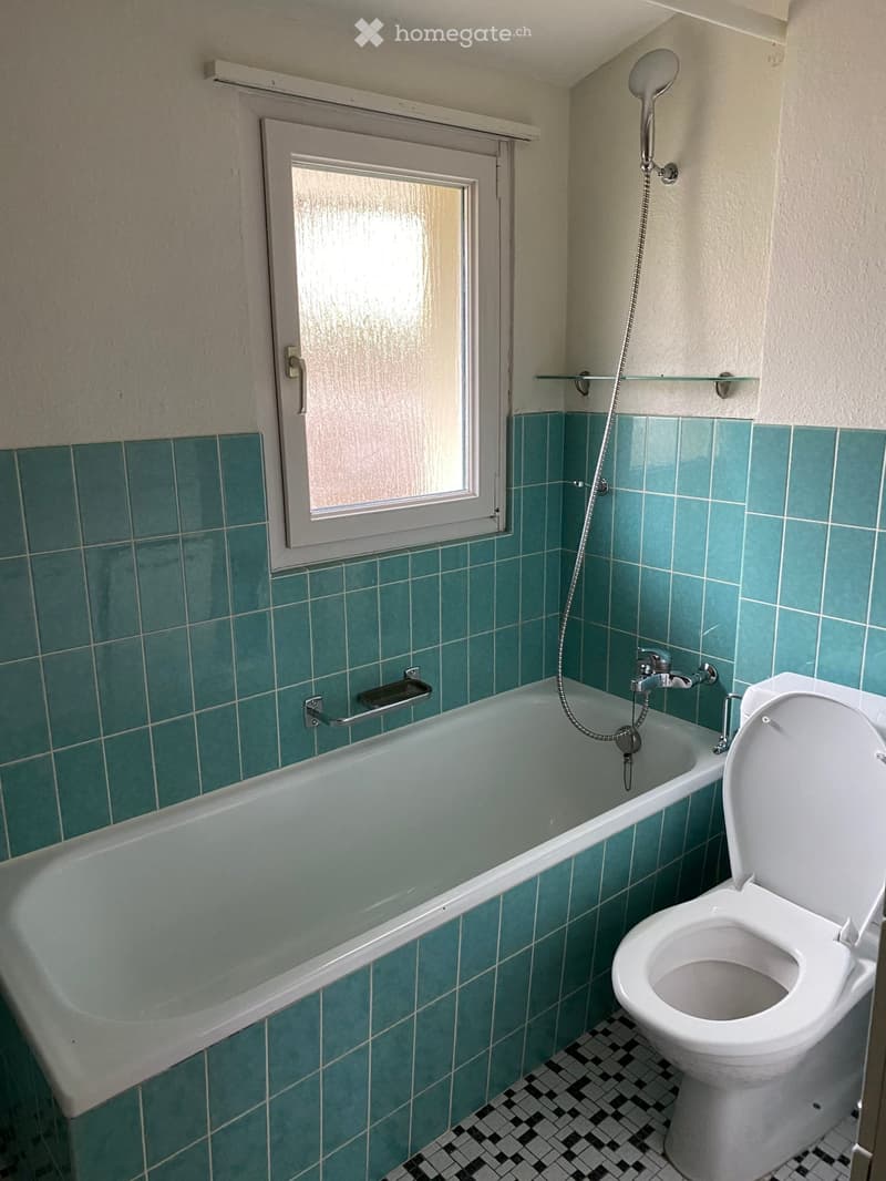 Bathroom with a bathtub, toilet, glass shelf, and showerhead. Green tiled walls and a window with frosted glass.