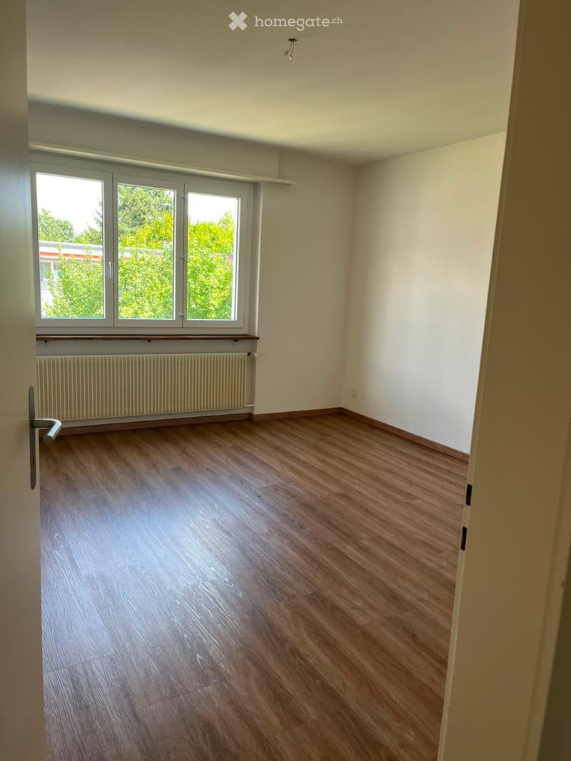 Empty room with wooden flooring, white walls, large windows, radiator, and a door handle visible.