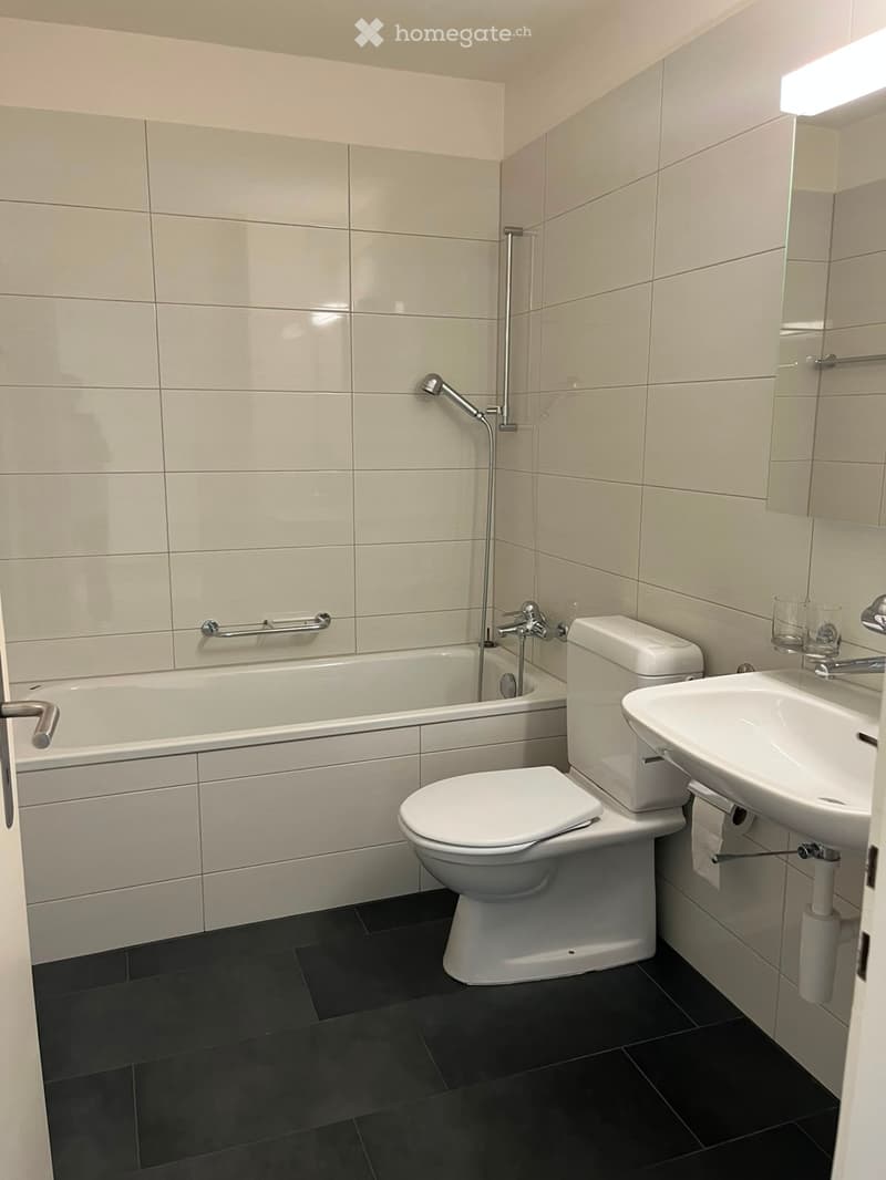 Modern bathroom with white tiles, black floor, bathtub, toilet, sink, and mirror.