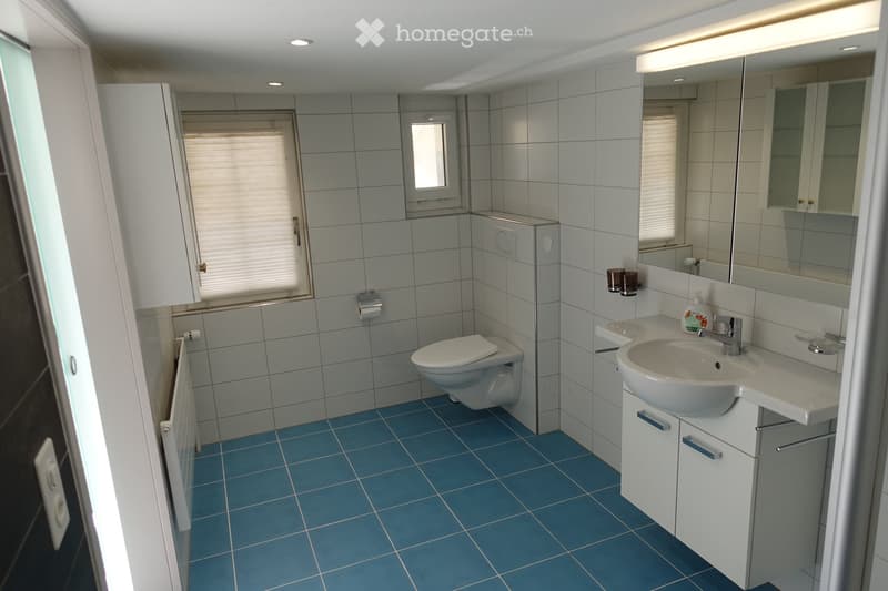 Modern bathroom with blue tiled floor, white tiled walls, a sink with a mirror cabinet, a toilet, and a towel hanging on the wall.