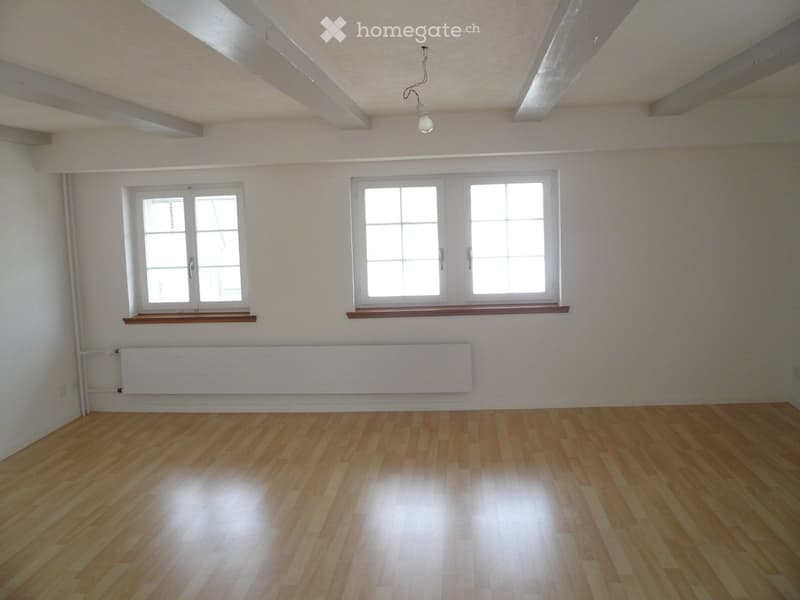 Empty room with wooden flooring, white walls, and two windows with wooden sills. A radiator is visible below one window, and a single light fixture hangs from the ceiling.