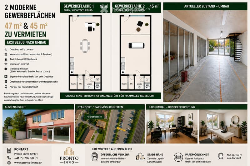 Floor plan of two commercial spaces (47 m² and 45 m²) with layouts, including office, studio, and practice areas, along with a modern renovation image and exterior view of the building.