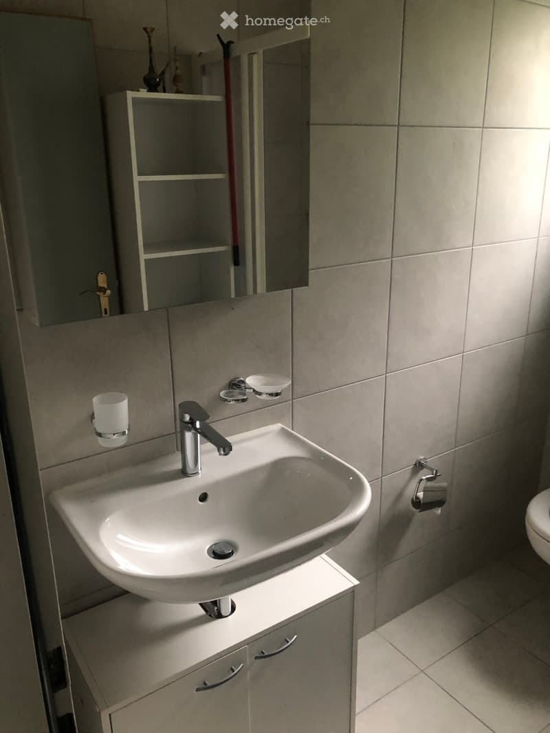 Bathroom with a sink, a mirror, and a toilet. Tiled floor.