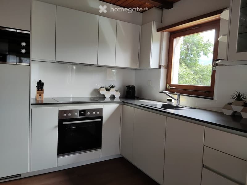 Modern kitchen with white cabinets, stainless steel oven, sink, and countertop. Features a window with a view of greenery, small decorative plants, and a knife block on the counter.