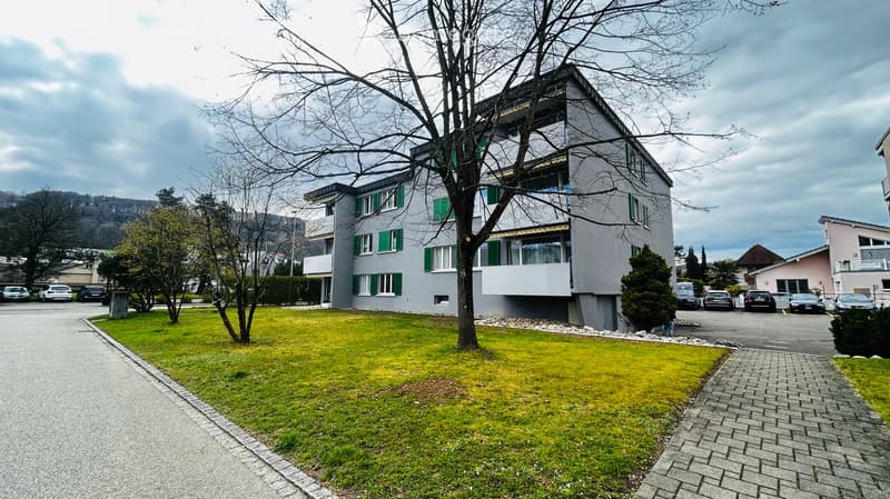 Modern multi-story apartment building with green shutters, balconies, and a well-maintained lawn in front.