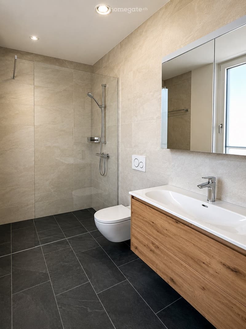 Modern bathroom with a white toilet, wooden vanity with a sink and chrome faucet, large mirror, and a glass-enclosed shower with a handheld showerhead.
