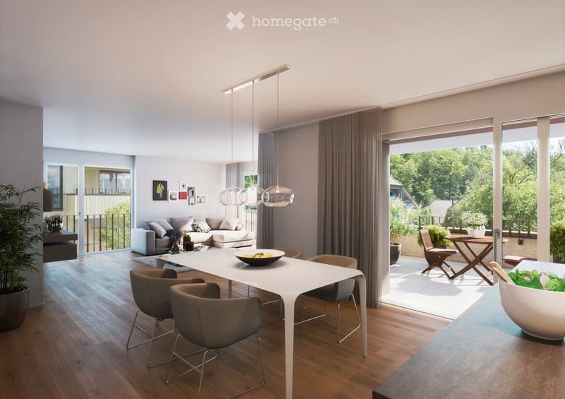 Modern living and dining area with a white dining table, grey sofa, pendant lights, and large windows overlooking a garden.