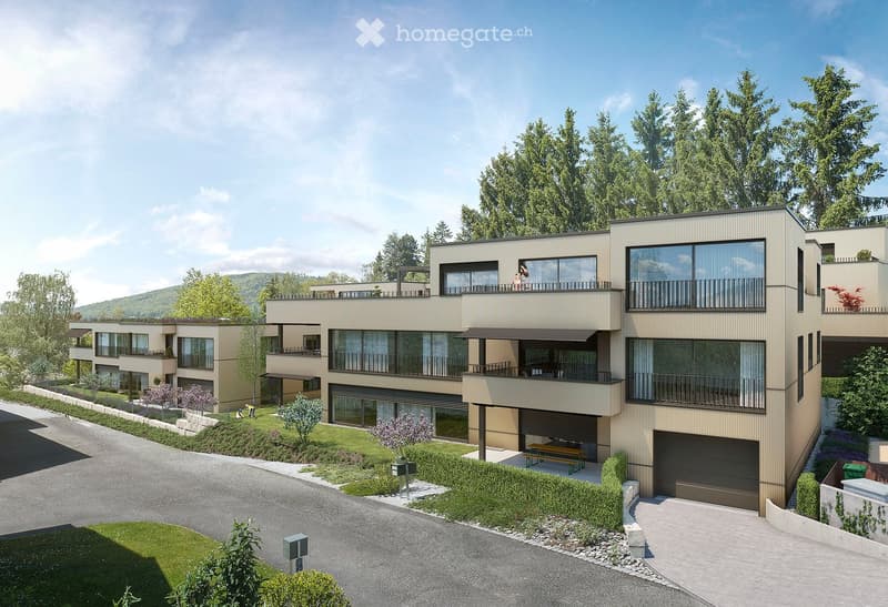 Modern two-story house with large windows, balconies, and a garage. The house is surrounded by a well-maintained garden with trees and shrubs.
